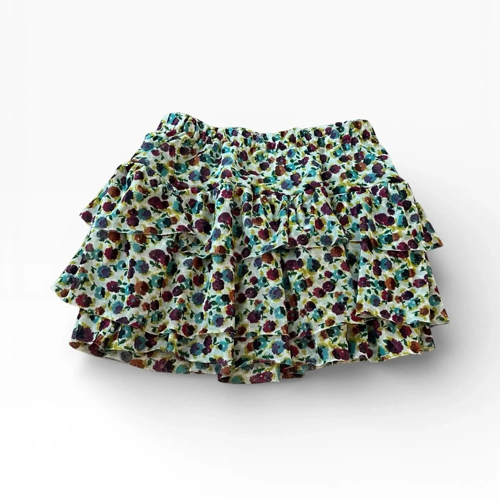 Zara Girls Size 7 Floral Ruffle Skirt |‎ Teal Magenta Purple | Elastic Waist